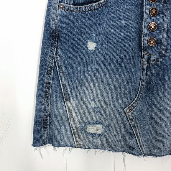 Free People Denim Skirt Mini Distressed A-Line Exposed Button Fly Size 25 Blue - Picture 3 of 13